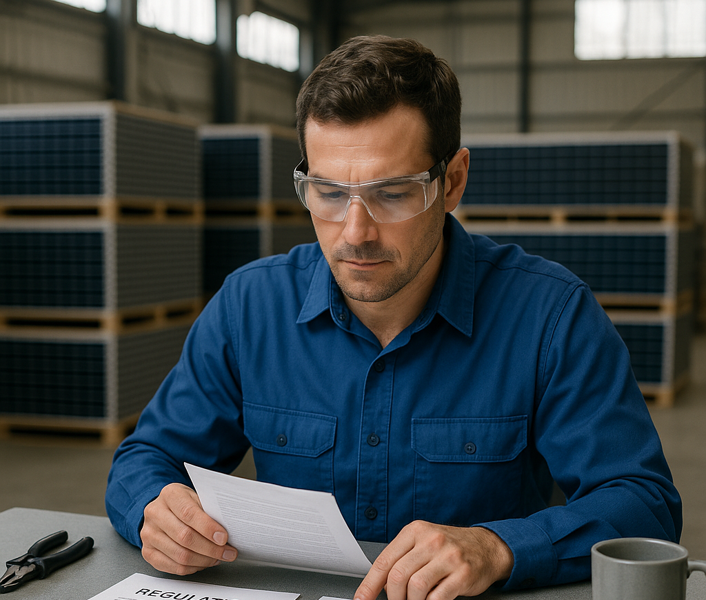A worker reviewing government regulation documents and safety guidelines at a desk, with solar panels stacked in a warehouse in the background.