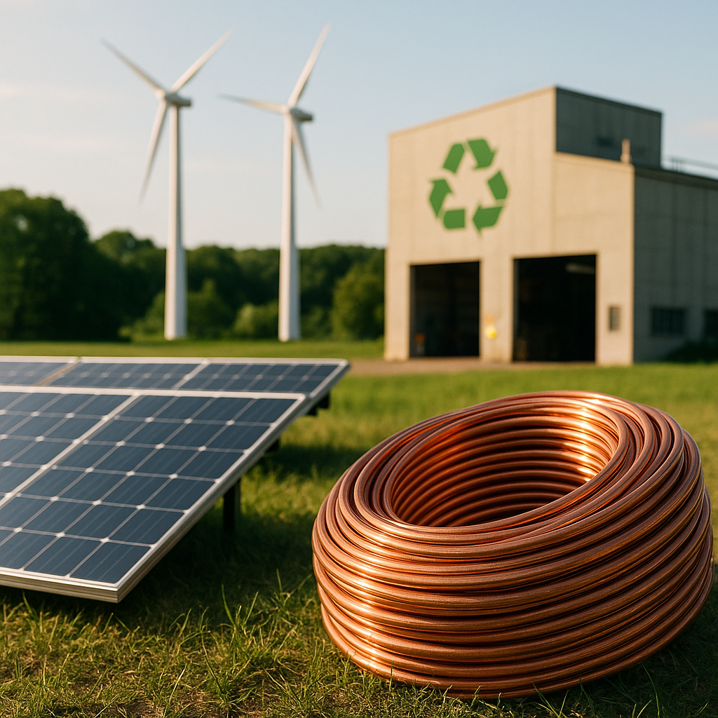 Sustainable Energy: Solar and Wind Power at a Recycling Plant Solar panels and wind turbines beside a recycling plant with copper coils, set against a lush green landscape.