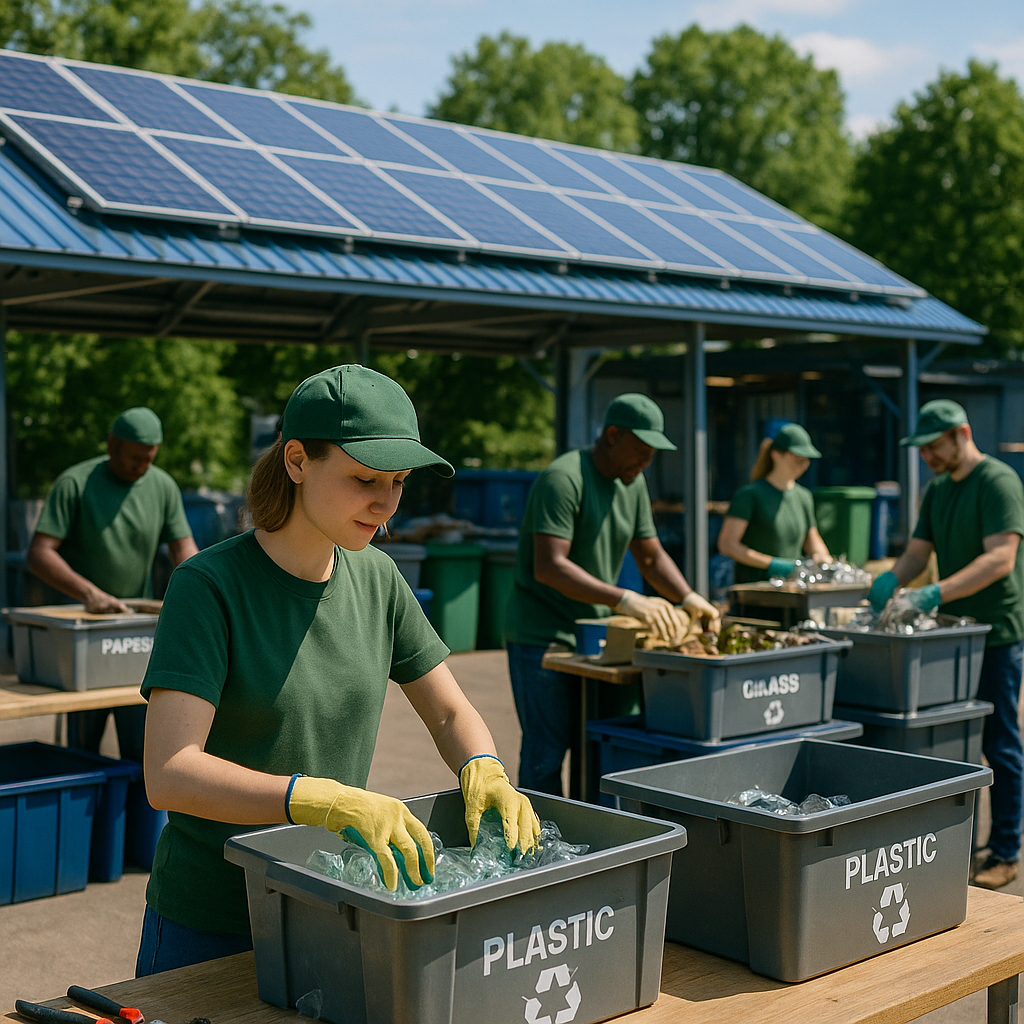 Bright and Optimistic Solar-Powered Recycling Facility Solar-powered recycling facility with organized sorting areas and greenery, creating a bright and optimistic atmosphere.