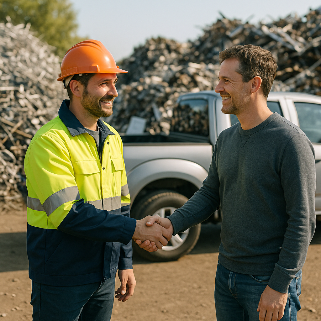 Sorted Scrap Metal Recycling and Collaboration Organized piles of sorted scrap metal ready for recycling with a worker and homeowner shaking hands next to a pickup vehicle in a bright outdoor scene.