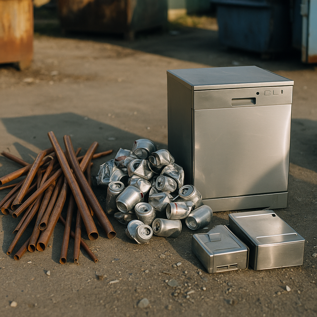 Variety of Scrap Metal Pieces A variety of sorted scrap metal pieces including copper pipes, aluminum cans, and steel appliances on a concrete surface under daylight.