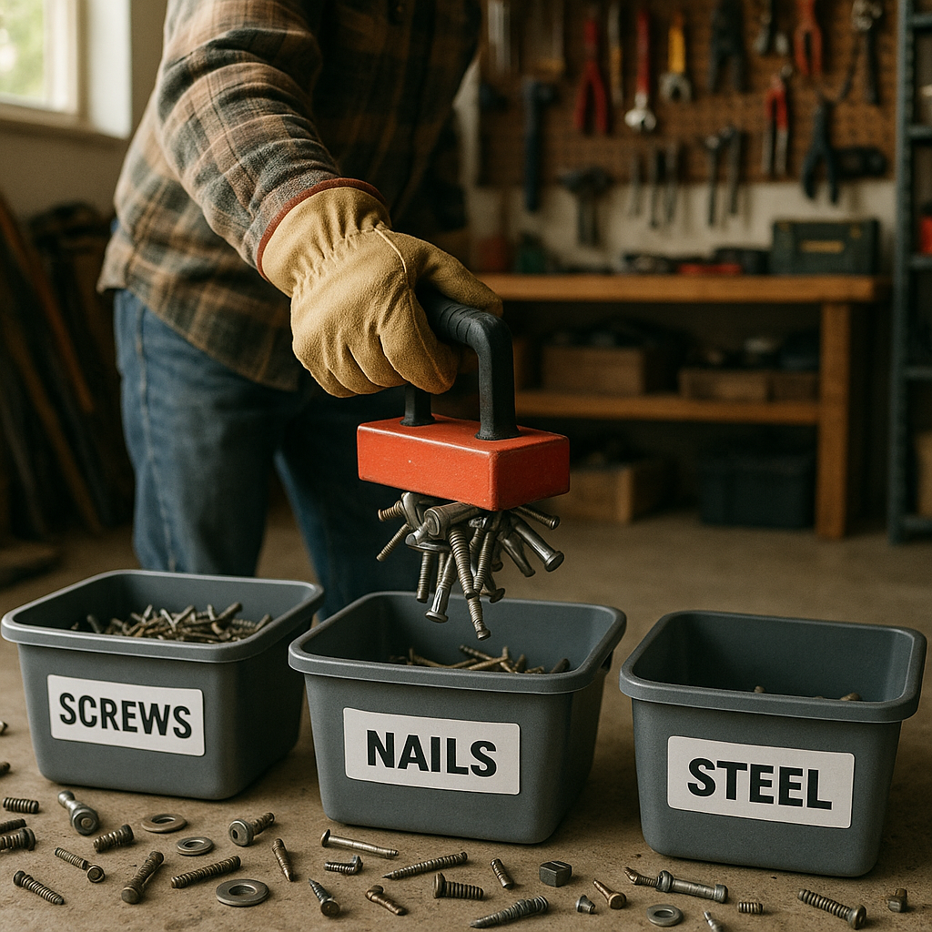 Sorting Metal Items with a Magnet Person wearing gloves holding a magnet over metal items while sorting them into labeled containers on a garage floor.