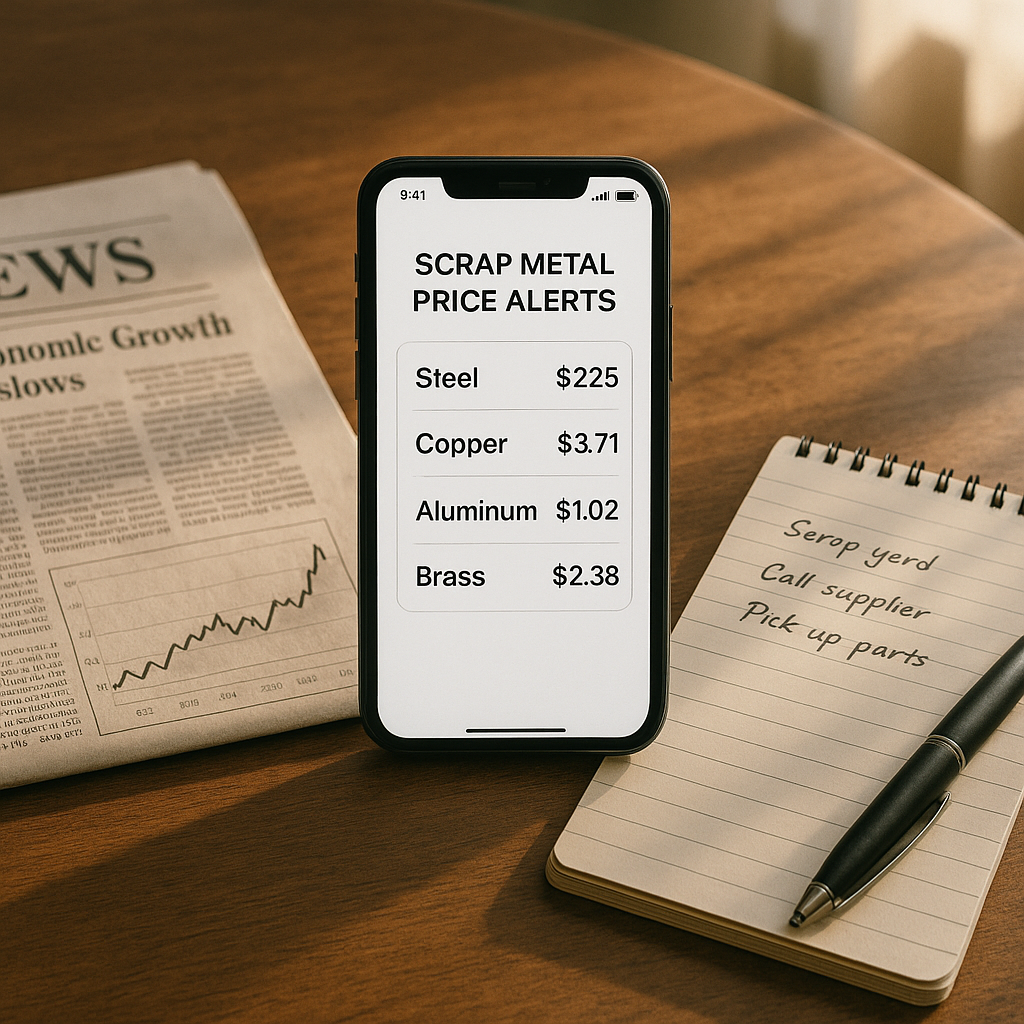 Tabletop scene showing a smartphone with scrap metal price alerts, a newspaper, and a notepad with handwritten notes illuminated by morning light.