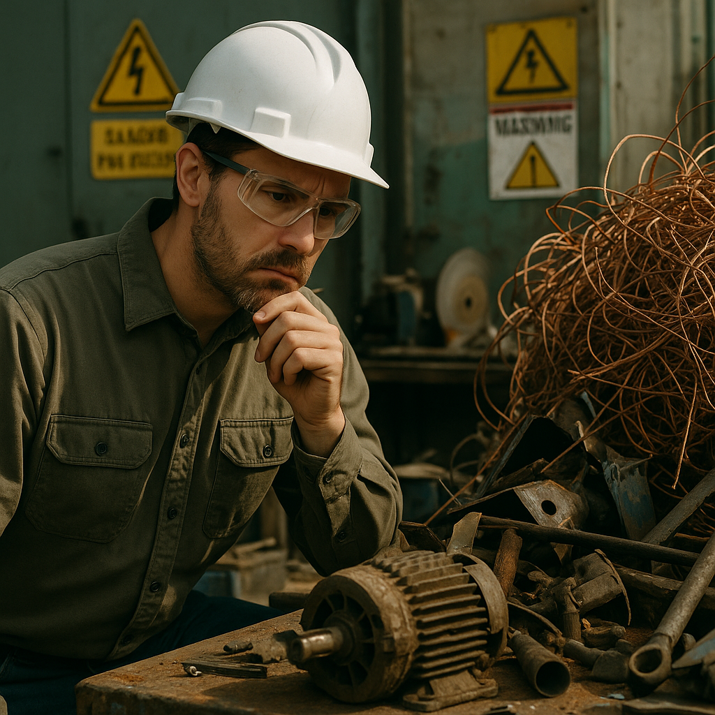 Inspection of Equipment in Recycling Facility Concerned worker inspecting broken machinery next to a pile of tangled copper wires and warning signs in a recycling facility.