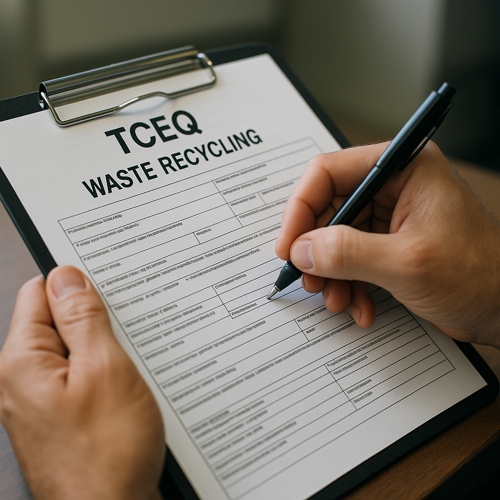 Close-up of hands filling out official forms on a clipboard, with 'TCEQ Waste Recycling' header clearly visible.