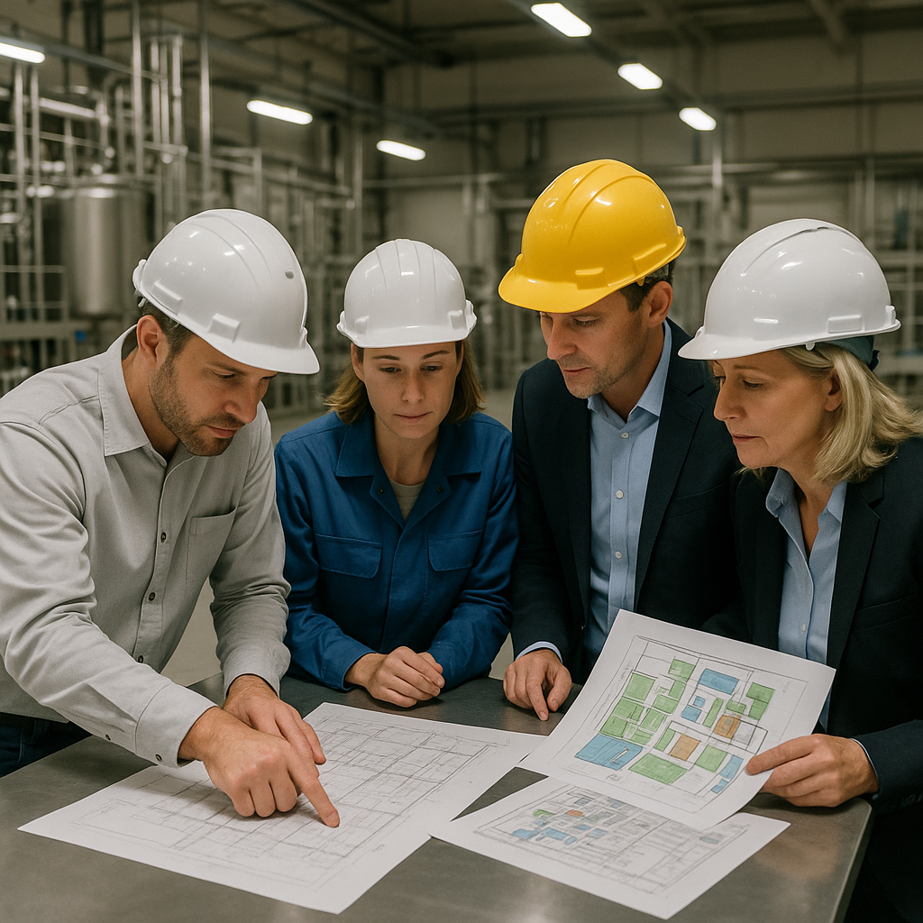 Team of engineers and managers in hard hats reviewing blueprints in an empty industrial food processing facility.