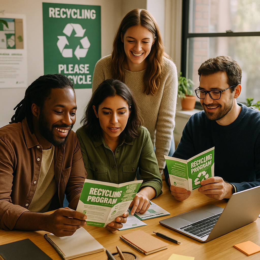 Team gathered around a desk looking at recycling program brochures and laptops, with city-sponsored recycling posters in the background.