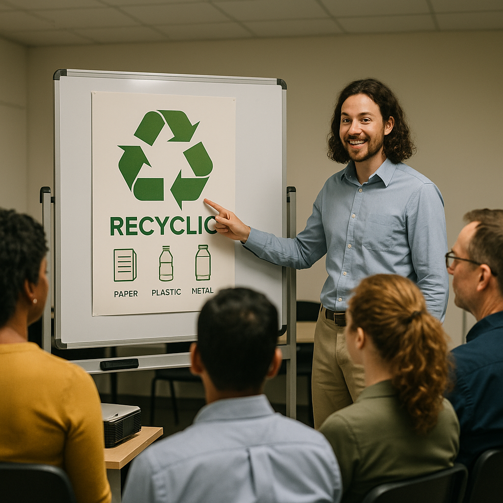 Workplace Recycling Training Session Team gathered around a presenter pointing to a recycling poster during a workplace training session, with diverse employees listening attentively.