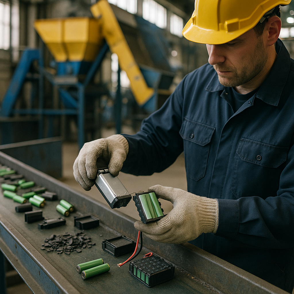 Technician Disassembling Lithium Batteries Technician wearing safety gloves disassembling lithium batteries at a recycling facility with a conveyor belt of sorted battery components and industrial machinery in the background.