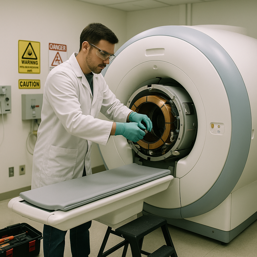 A technician dismantling an MRI machine, focusing on a large cylindrical magnet with safety equipment and warning signs present.