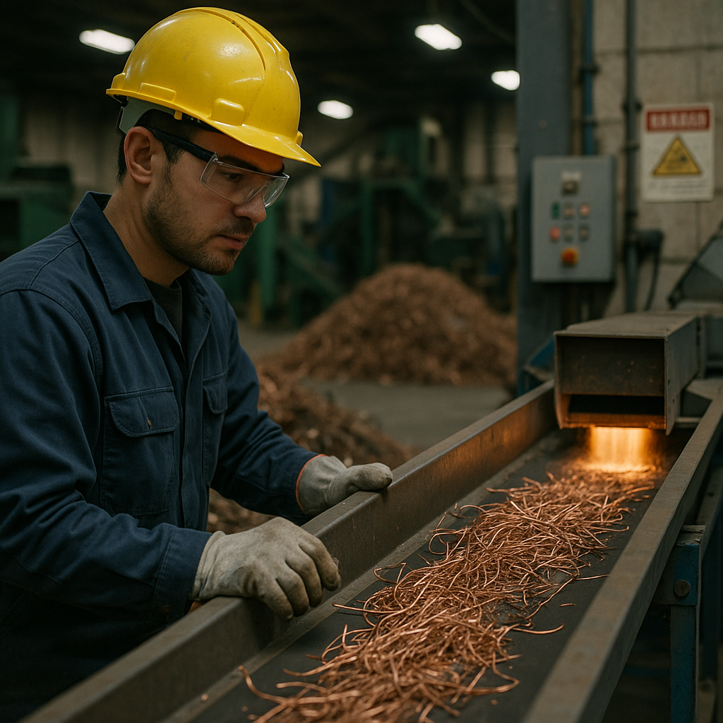 Technician Overseeing Copper Wire Recycling Technician in safety gear supervising a conveyor belt with copper wires being sorted and melted in a recycling plant.