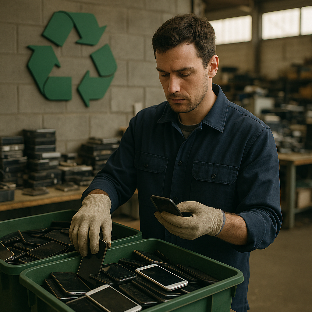 Technician Sorting Electronics in Recycling Facility Technician sorting used electronic devices in a recycling facility, with bins of discarded smartphones and a green recycling symbol visible.