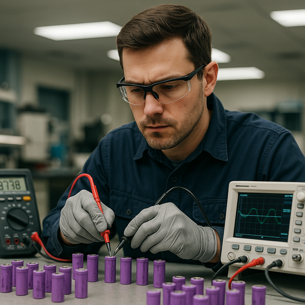 Technician Testing Lithium Batteries Technician testing and sorting used lithium batteries on a lab table with diagnostic equipment.