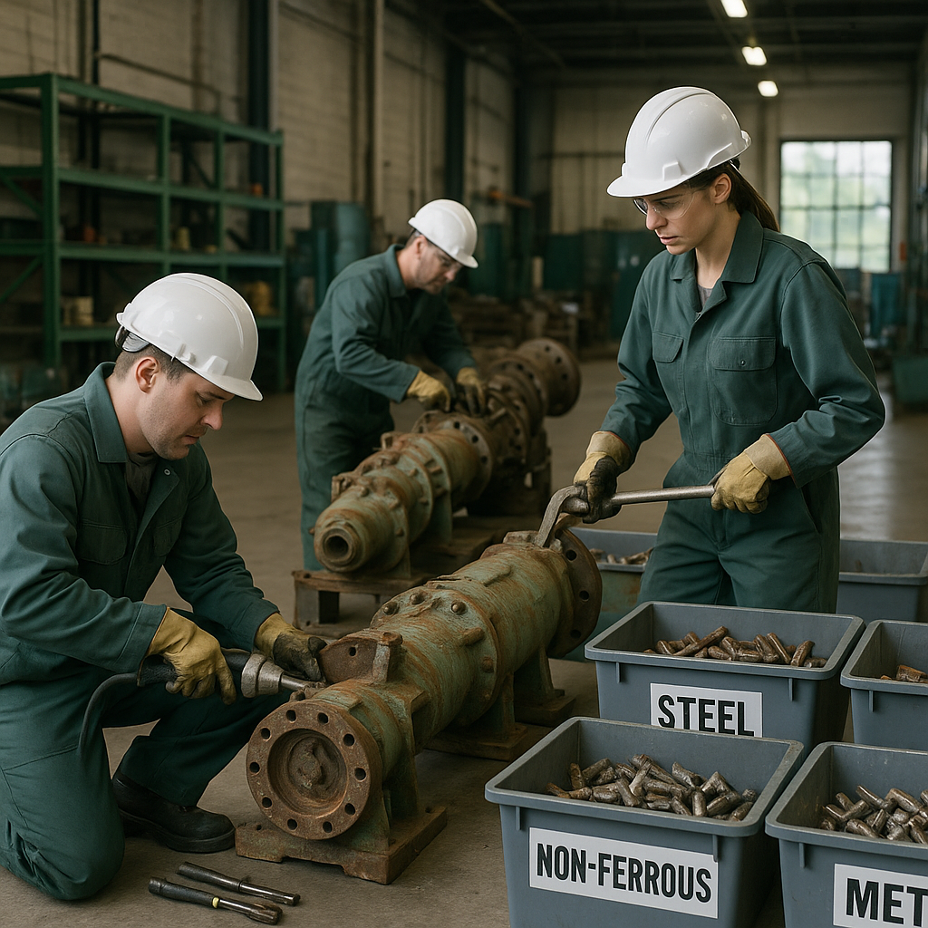 Technicians dismantling old fracking equipment in a recycling facility with sorted metal parts.