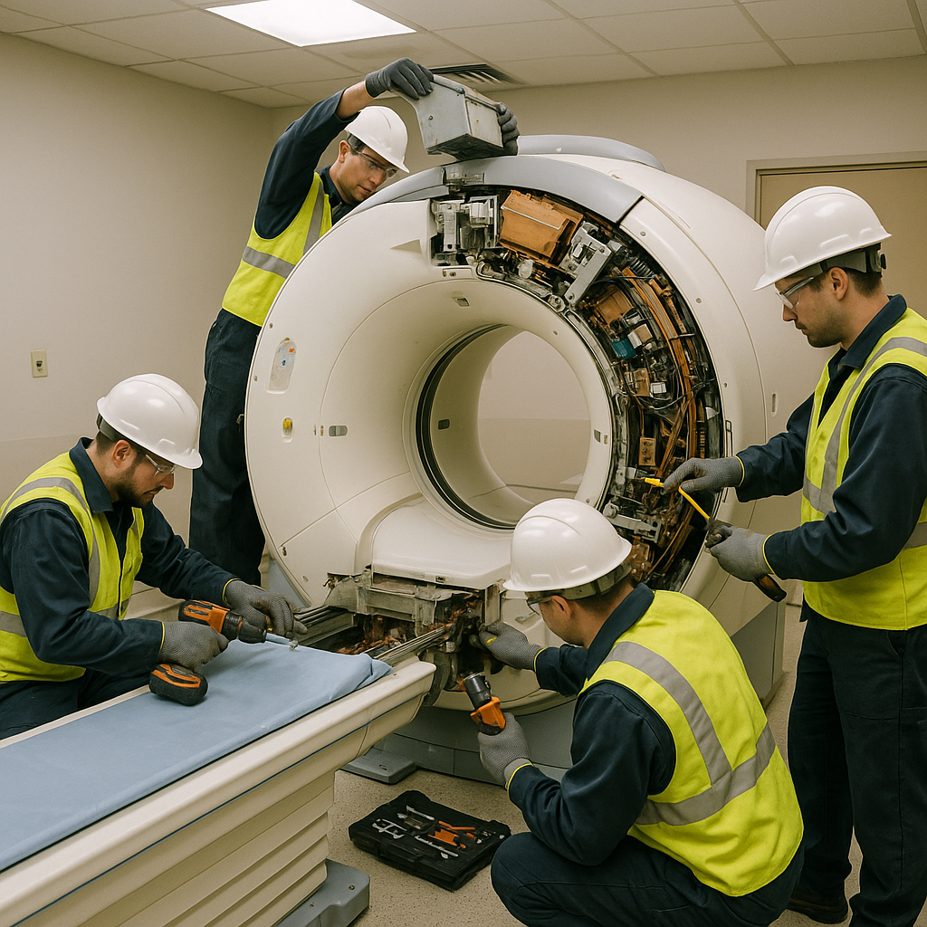 Team of technicians in safety gear dismantling a large MRI machine in a hospital room with professional tools.