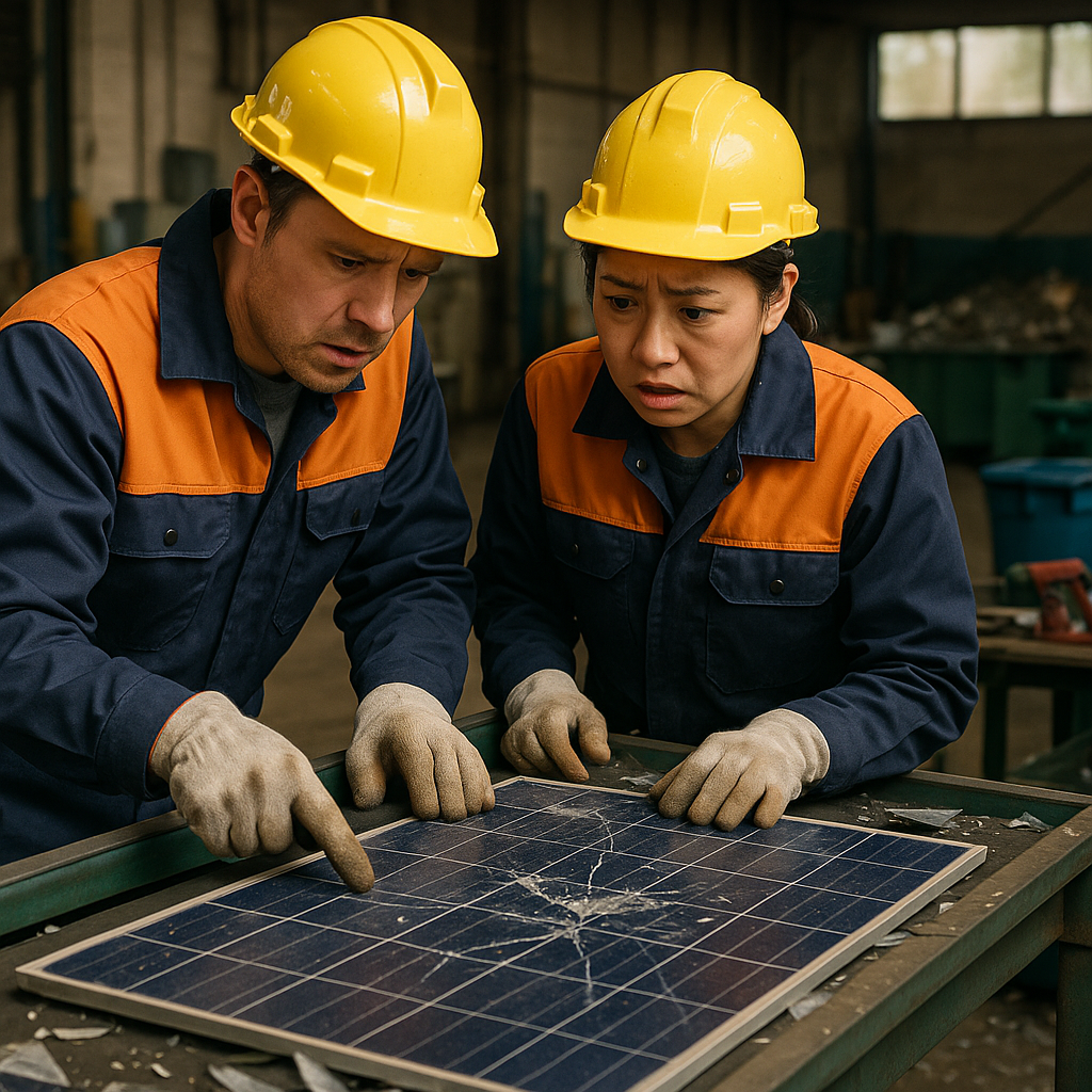 Technicians examining old solar panels at a recycling facility, with broken panels on a conveyor belt and worried expressions.