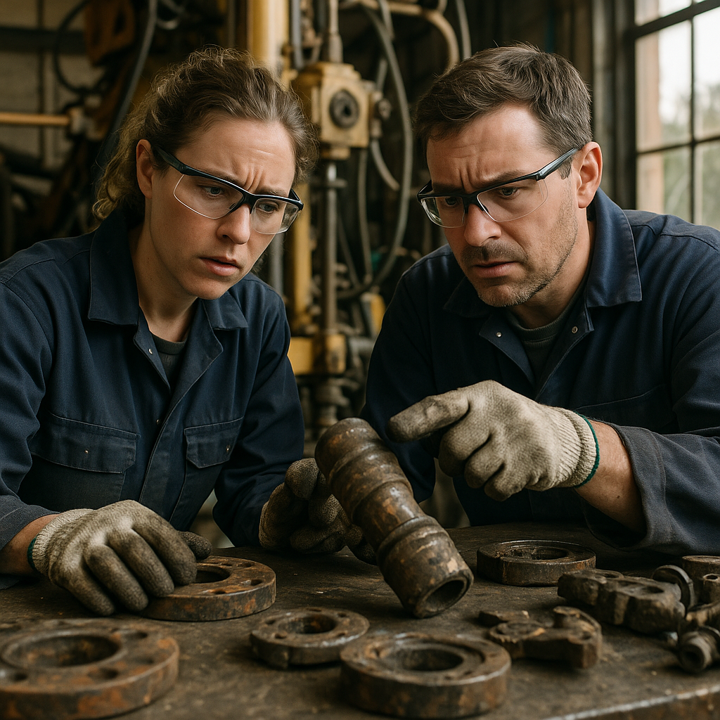 Technicians inspecting worn and mixed metal parts from a drilling rig on a cluttered workbench, showing concerned expressions with complex machinery in the background.