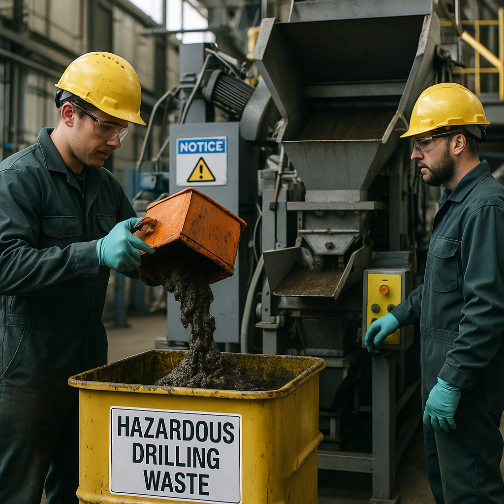Technicians processing hazardous drilling waste with specialized machinery in a modern recycling facility, wearing safety equipment under bright lighting.