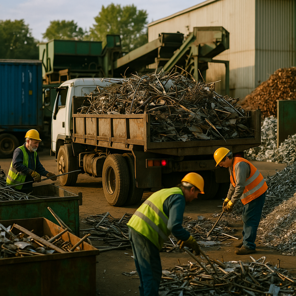 Truck Delivering Scrap Metals to Recycling Facility A truck delivering scrap metals to a recycling facility where workers sort and process metals.