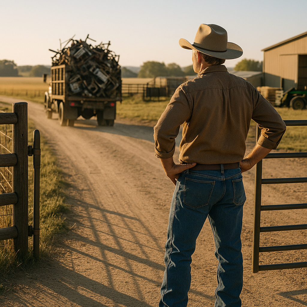 A truck loaded with collected scrap metal leaving a ranch yard with a satisfied rancher in early morning light.
