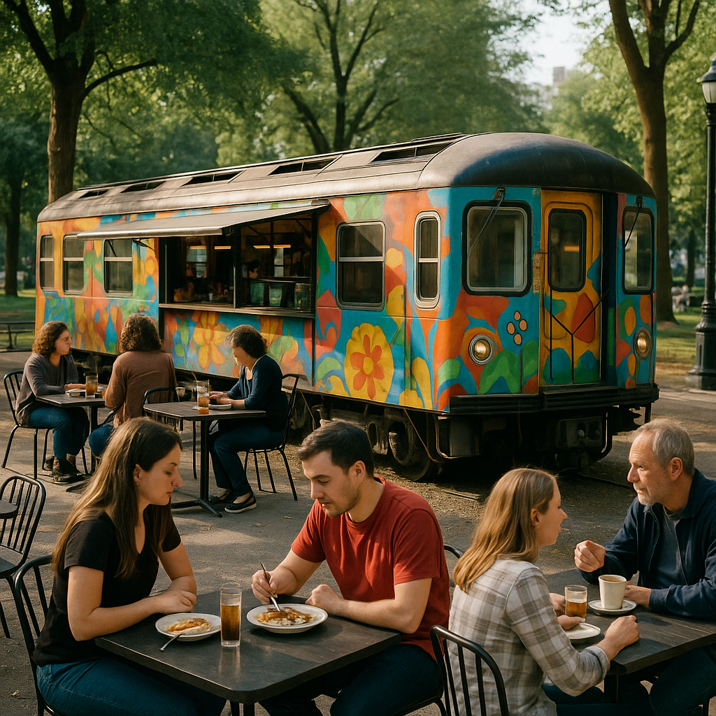 Upcycled subway car transformed into a vibrant outdoor café seating area in a city park, with people enjoying food and drinks.