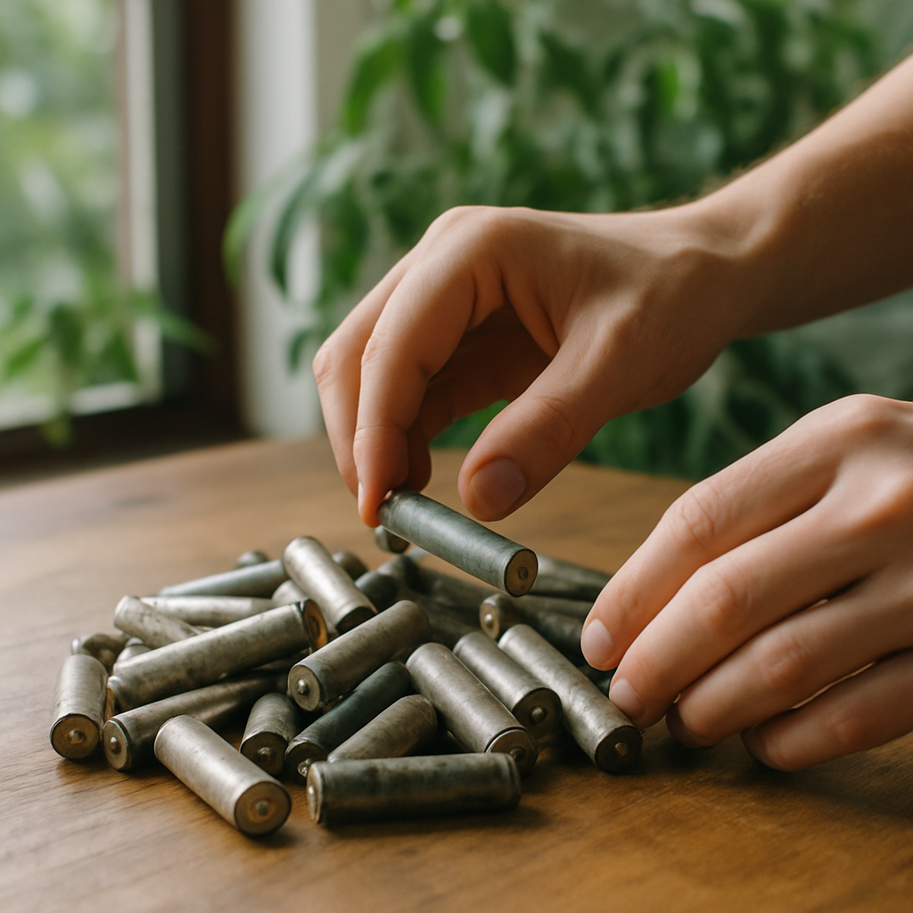 Sorting Used Lithium Batteries for Environmental Responsibility A pile of used lithium batteries being sorted by hands, with green plants visible through a window in the background.