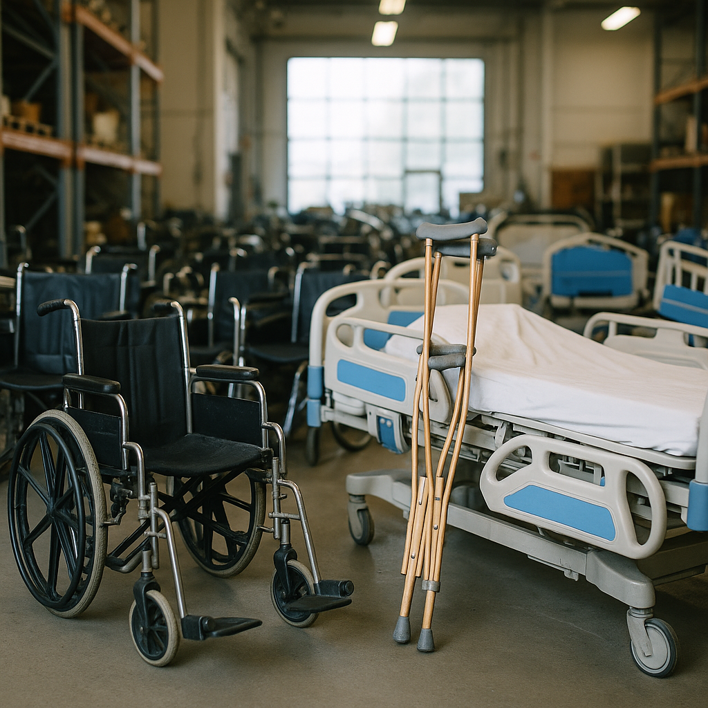 A variety of used medical equipment including wheelchairs, hospital beds, and crutches neatly arranged in a bright warehouse setting.