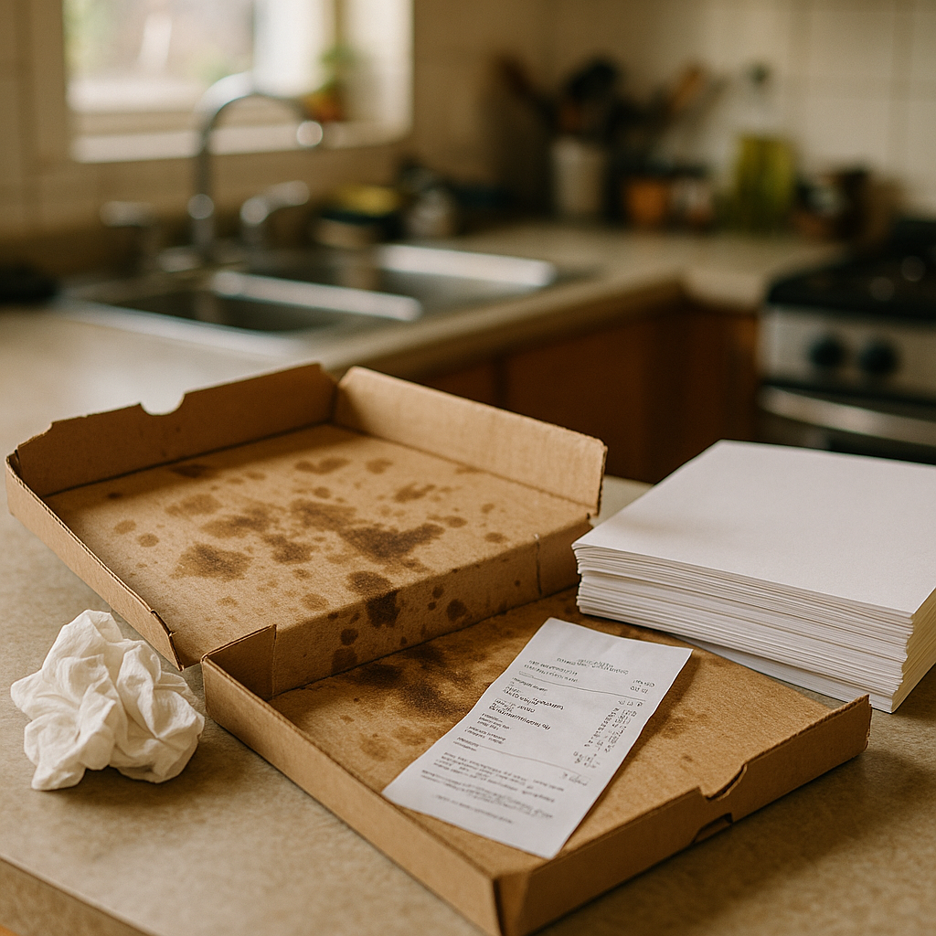 Used Paper Items in Kitchen A variety of used paper items, including a greasy pizza box, crumpled napkin, and a receipt with glossy finish, set aside from clean paper in a kitchen setting.