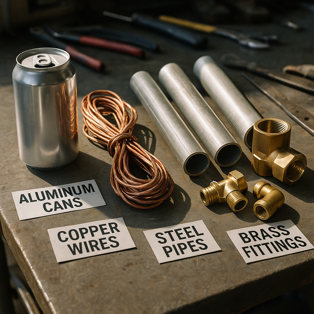 Variety of Metal Objects on Workbench A variety of metal objects including aluminum cans, copper wires, steel pipes, and brass fittings, all clearly labeled on a workbench in bright daylight.