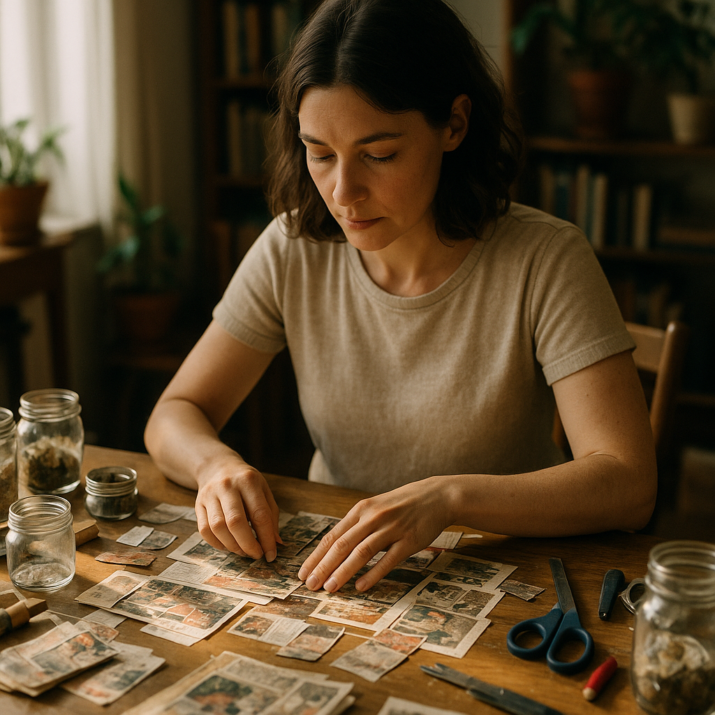 Woman crafting with glass jars and old magazines at a table, sunlight streaming through window