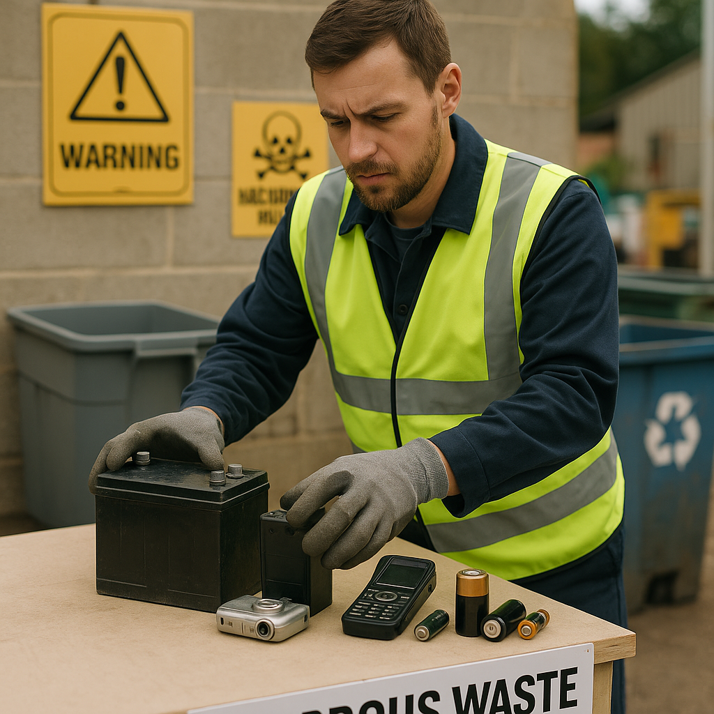 Worker in safety vest and gloves carefully handling old batteries and electronics at a collection center labeled 'Hazardous Waste', with warning signs visible.