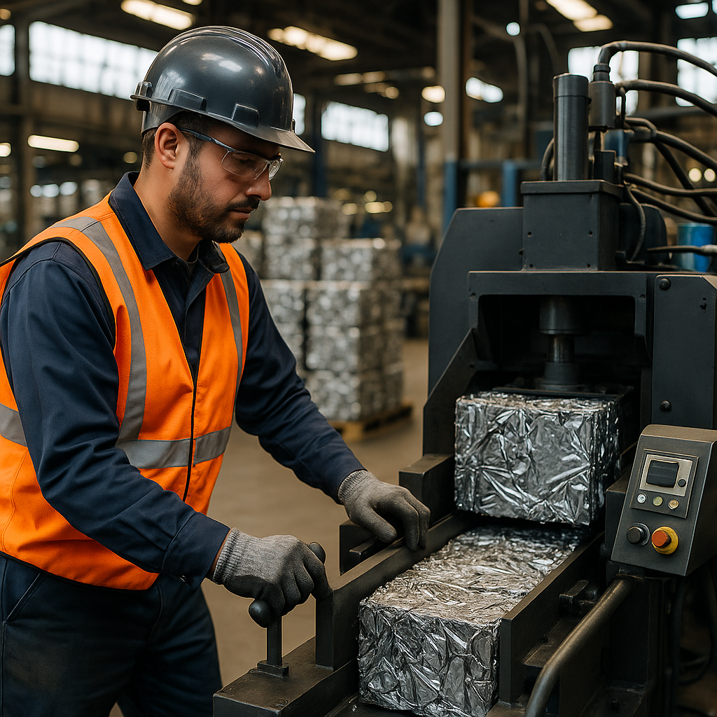 A worker in a safety vest operating modern recycling machinery with stacks of recycled aluminum bales on a bustling factory floor.