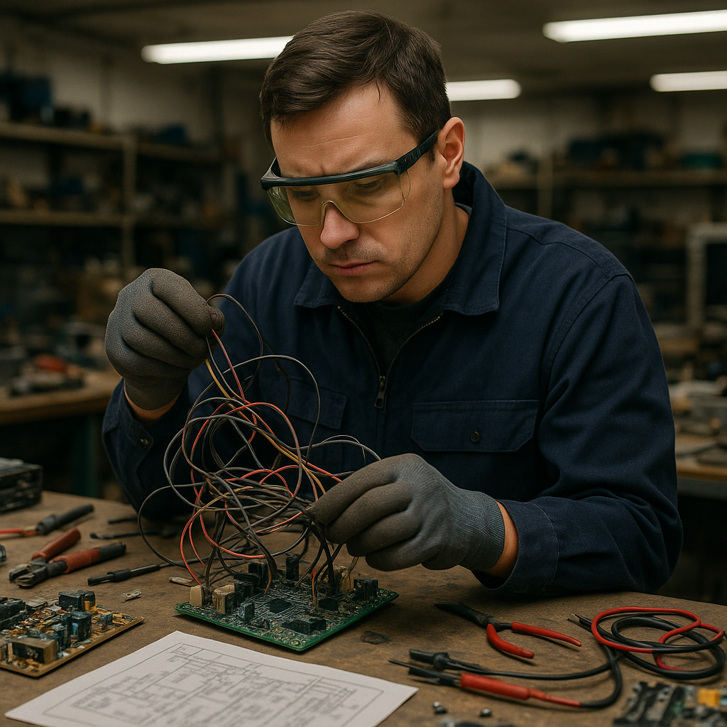 Worker Examining Tangled Wires and Circuit Boards Worker in protective gear examining tangled wires and circuit boards on a workbench, highlighting separation difficulties.
