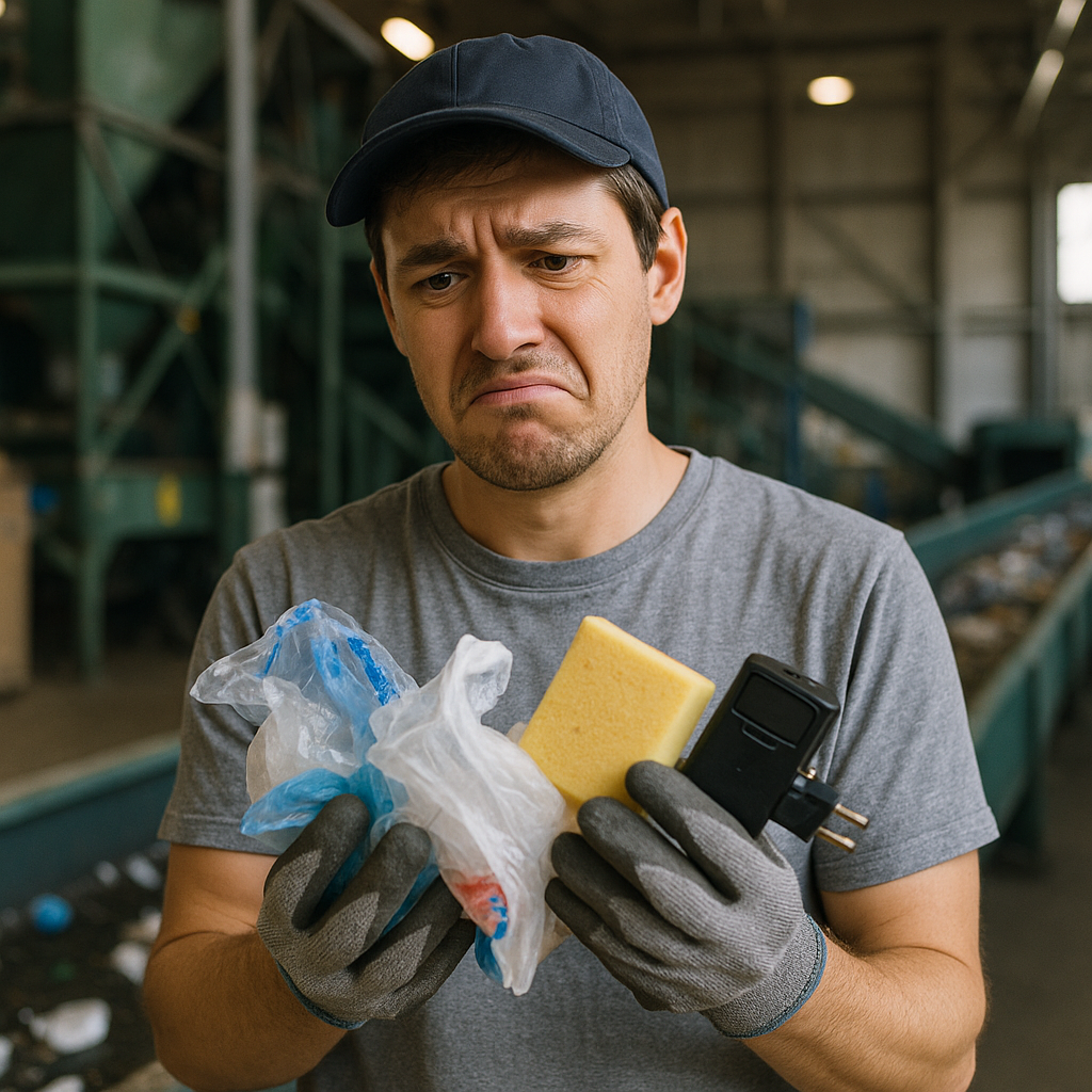 Worker with Mixed Recyclables Close-up of a worker holding mixed recyclable items including plastic bags, electronics, and foam, looking confused next to recycling facility equipment.