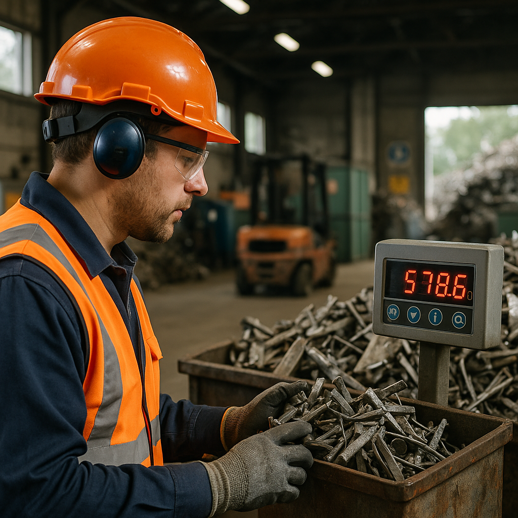 Worker Weighing Metal Debris in Recycling Facility Worker in safety gear reading digital weight display on a scale with metal debris being weighed in a recycling facility.