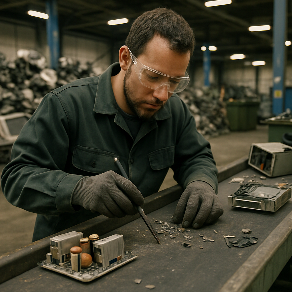 Worker disassembling electronic waste and sorting metal parts on a conveyor belt in a recycling facility