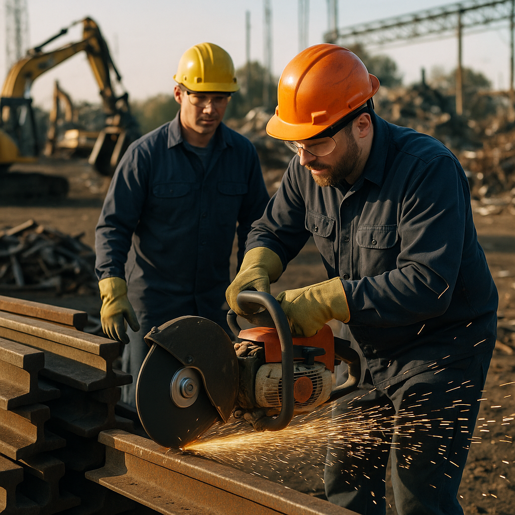 Workers in safety gear cutting old railroad tracks and stacking steel ties at an industrial recycling facility with sparks flying.