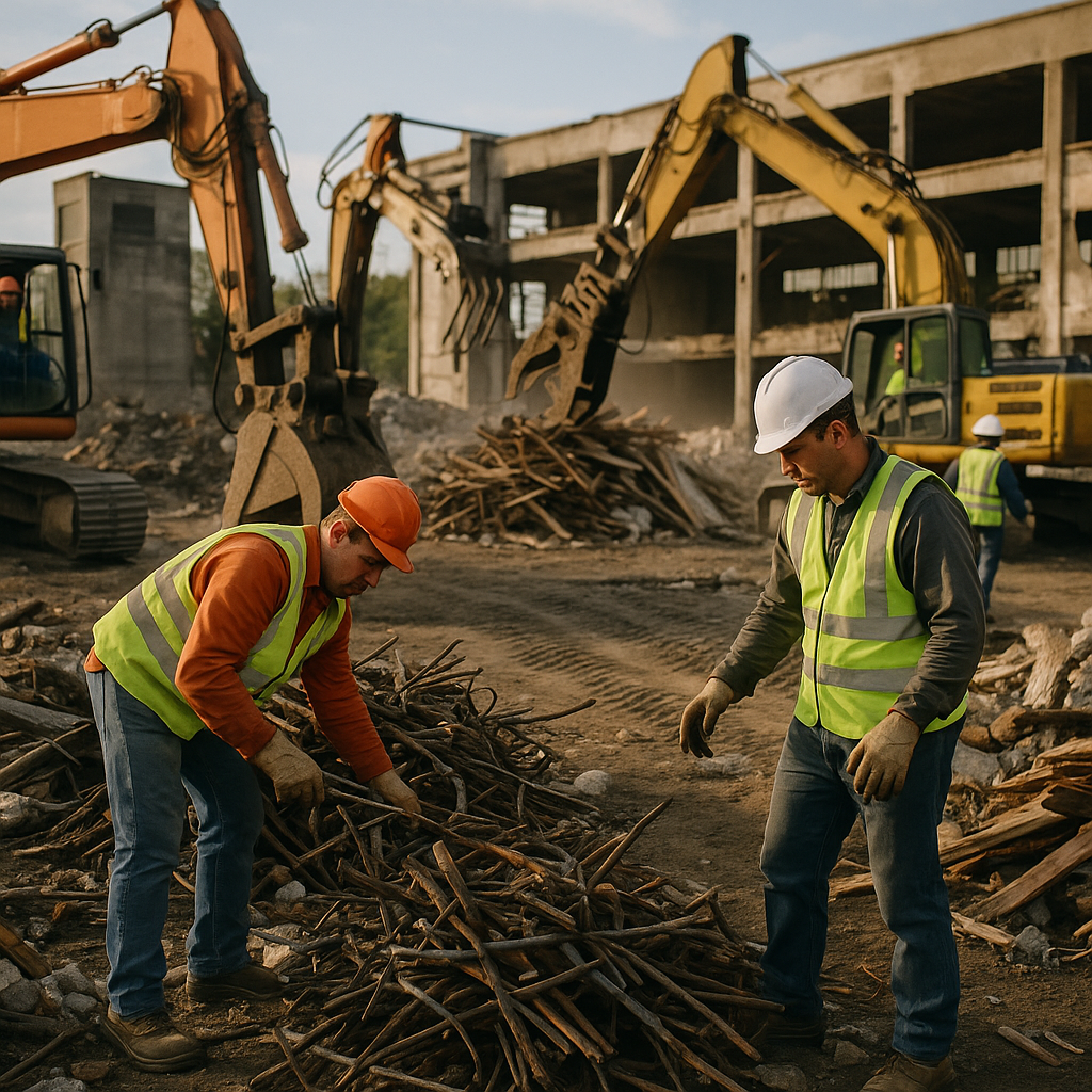 Industrial Demolition Workers Operating Machinery Workers in safety vests operating heavy machinery at an industrial demolition site, sorting metal, wood, and concrete.