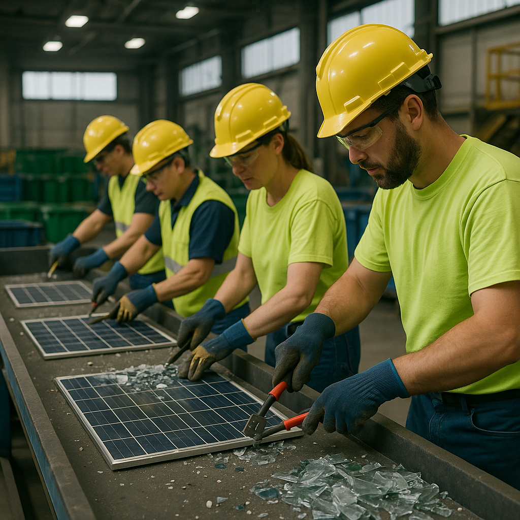 Recycling Solar Panels at a Clean Facility Workers dismantling solar panels and sorting glass, metal, and silicon parts at a recycling facility.