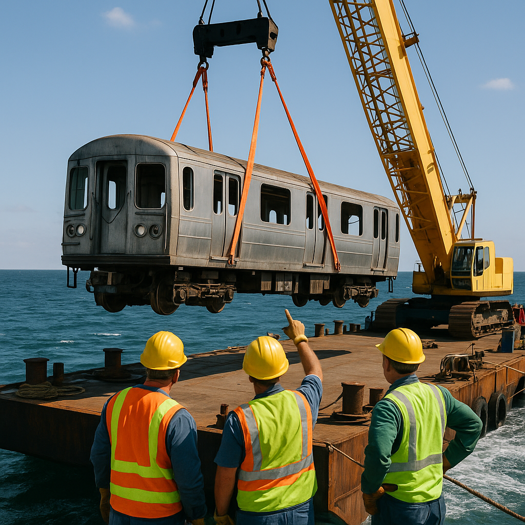 Workers in hard hats lifting a stripped subway car by crane over a barge near the ocean, preparing to deploy it into the water.