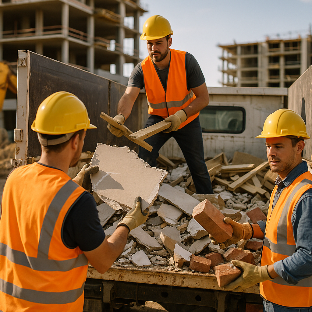 Workers loading broken drywall, wood, and bricks into a junk removal truck at a construction site under a clear sky.