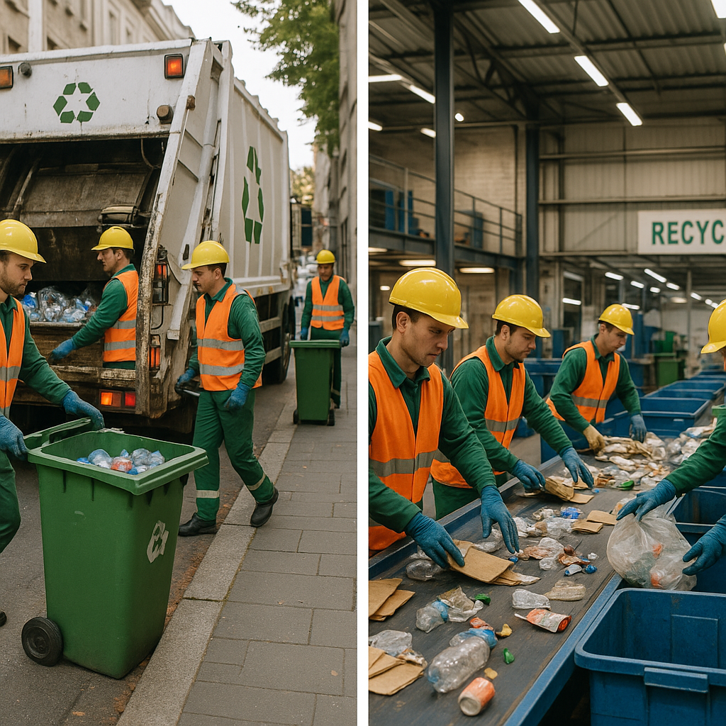 Workers collecting recyclables from city street bins into a recycling truck, then sorting materials at a modern recycling facility.