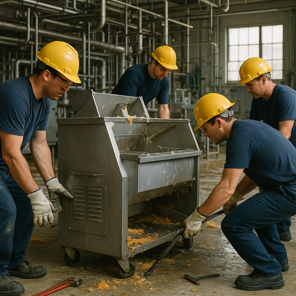 Workers removing stainless steel machines surrounded by leftover food debris and complex piping inside a large food plant.