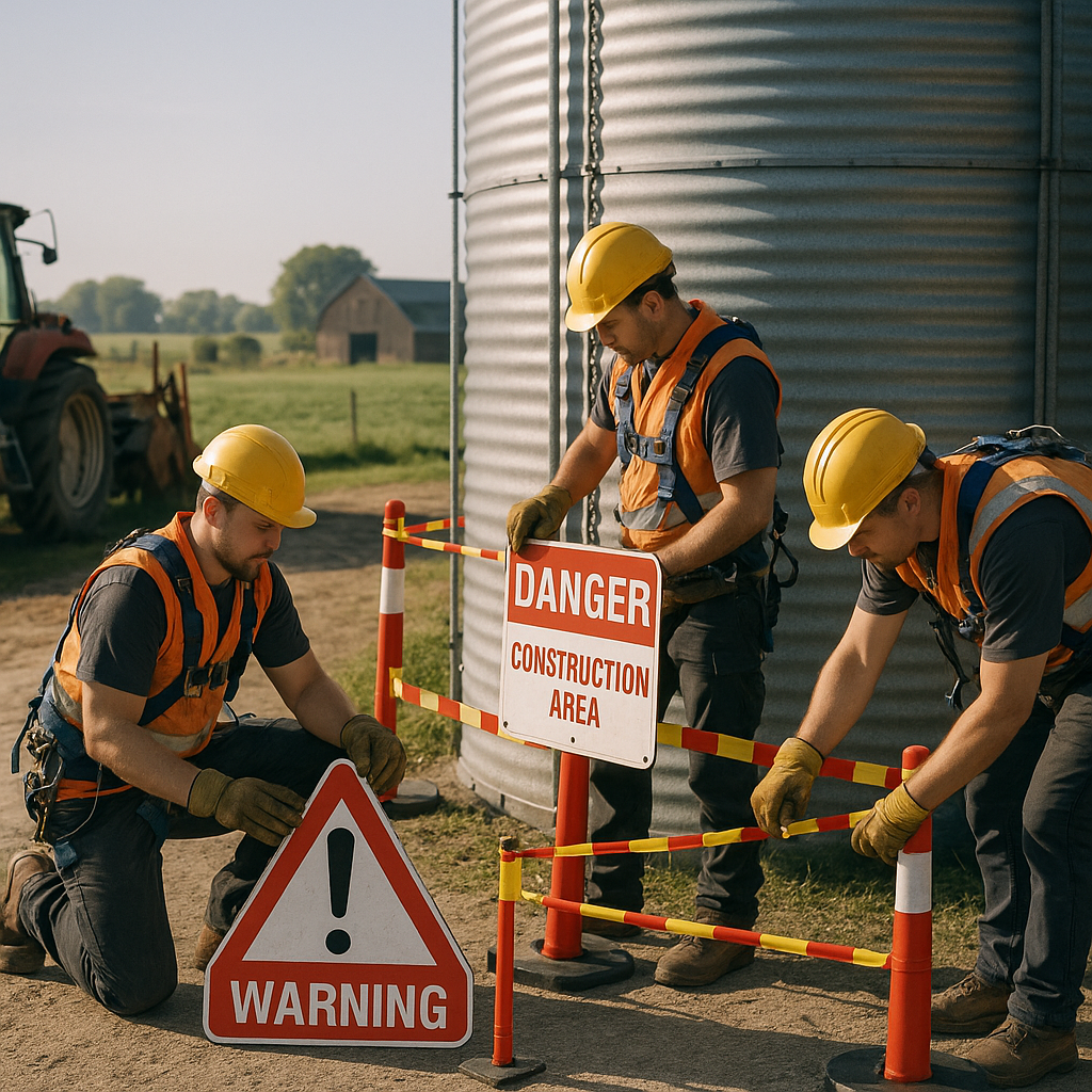 Workers in safety gear using harnesses and helmets around a metal silo, setting up warning signs and protective barriers on a farm.
