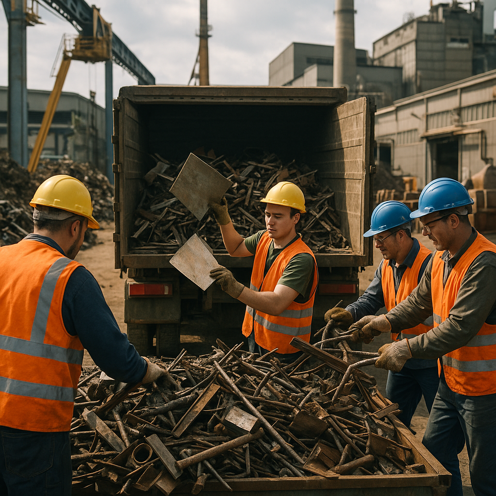 Workers Loading Scrap Metal Workers in safety vests sorting and loading scrap metal onto a truck at a factory yard.