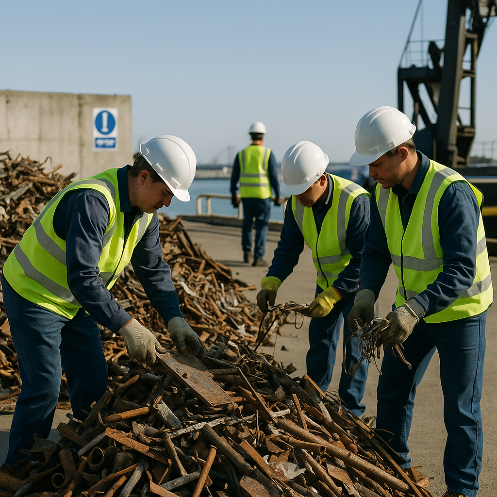 Workers safely handling and organizing scrap metal at a tidy dockside facility under a clear blue sky.