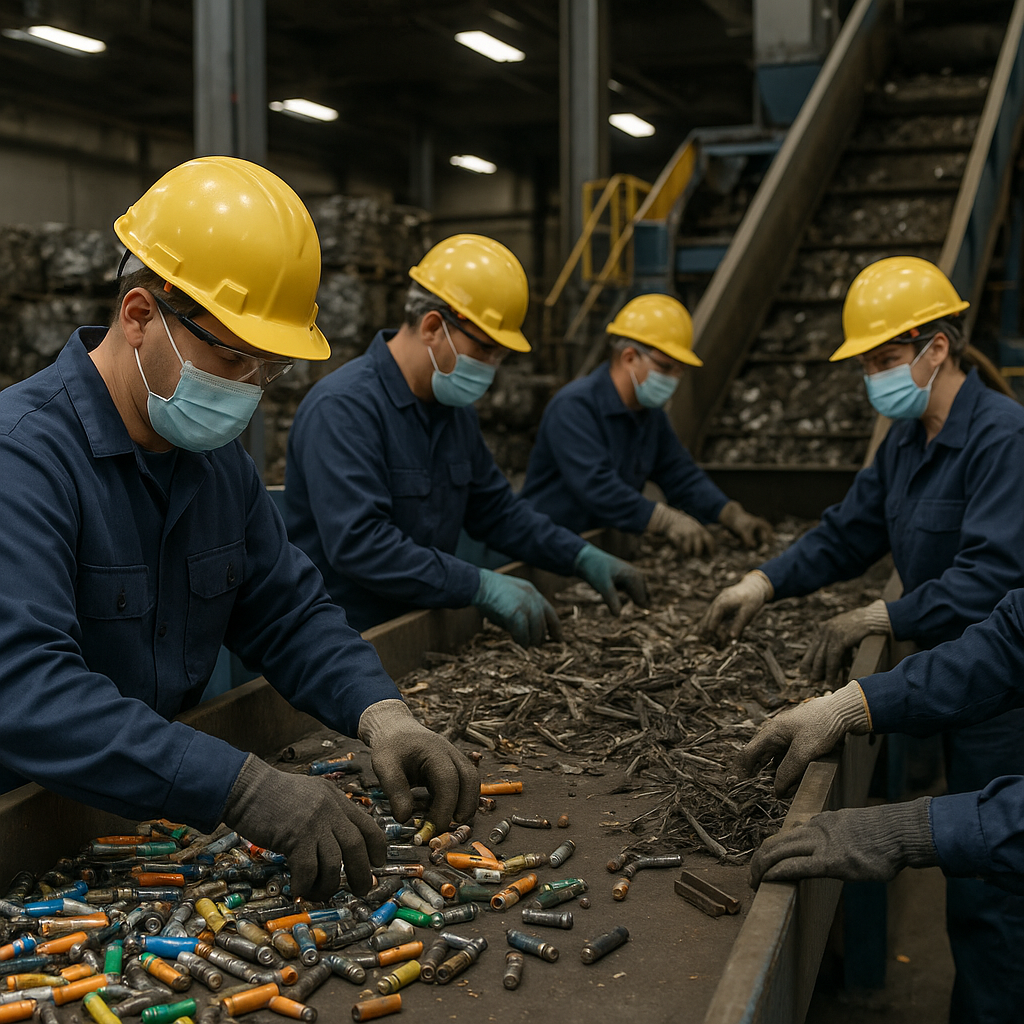 Sorting Used Batteries and Scrap Metal in a Recycling Facility Workers in protective gear sorting used batteries and scrap metal at a recycling facility with machinery and conveyor belts under bright industrial lighting.