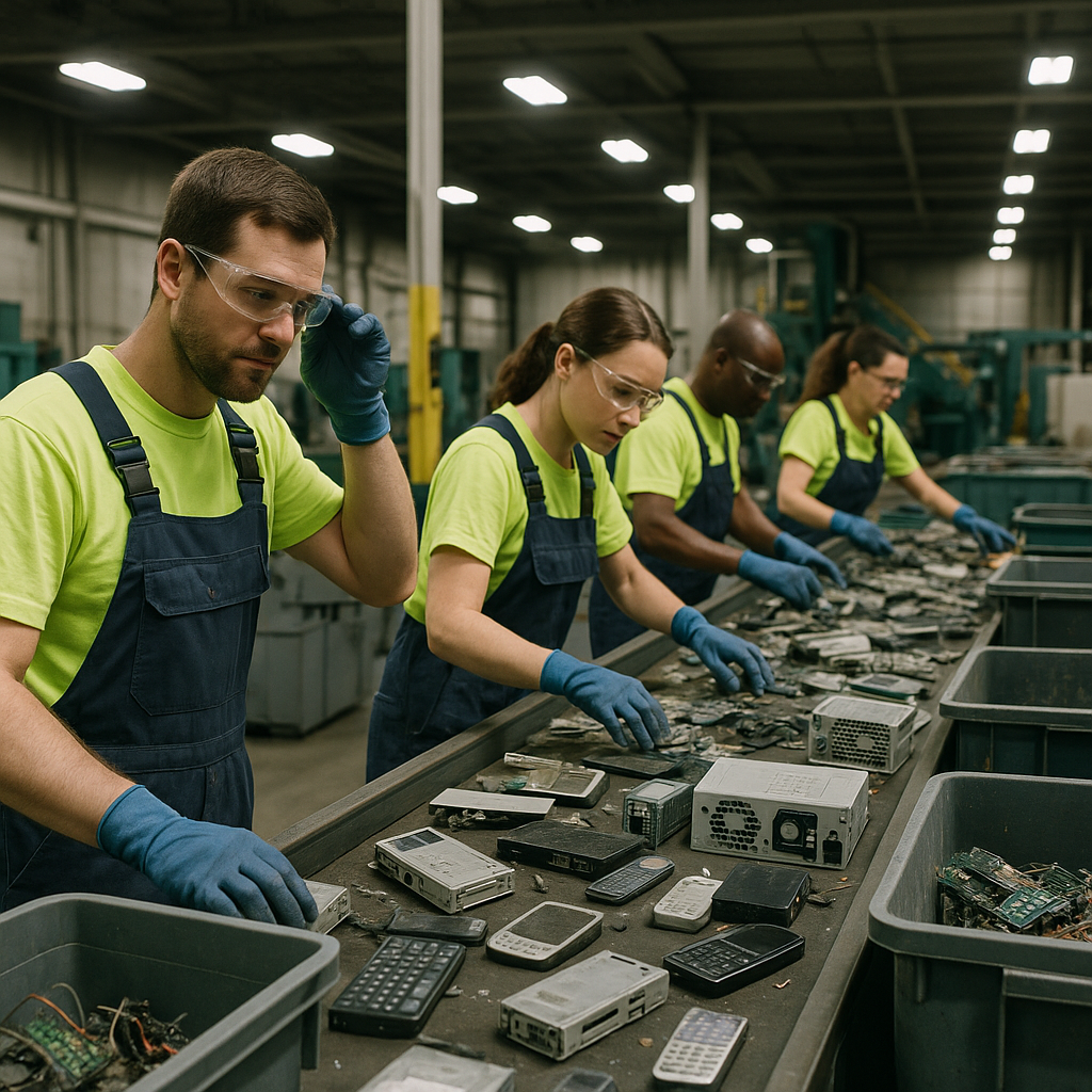 Workers sorting discarded electronics like old computers, phones, and circuit boards on conveyor belts in a modern recycling facility with bright industrial lighting.