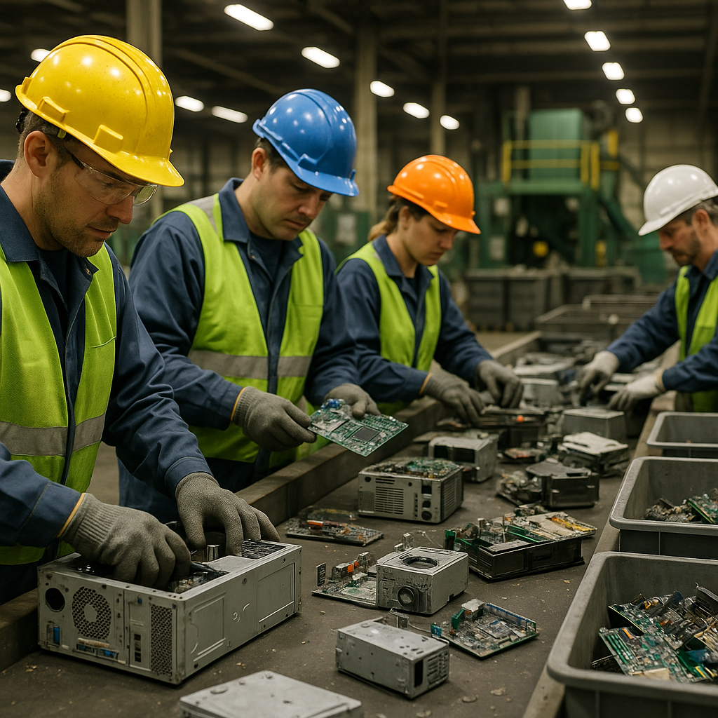 Electronic Waste Recycling Workers in safety attire sorting and dismantling old electronic devices at a recycling facility with conveyor belts filled with computer parts under bright industrial lighting.