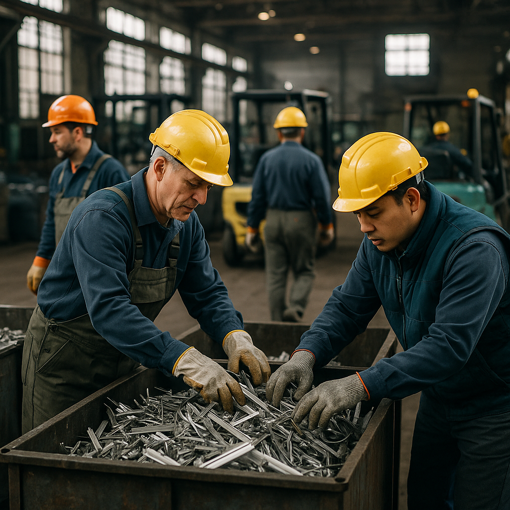 Metal Scrap Sorting in Factory Workers in safety gear sorting and moving metal scrap into large industrial bins in a factory setting with forklifts visible and daylight filtering through windows.